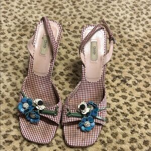 Prada Pink Gingham Slingback Sandals with Blue Floral Appliqués